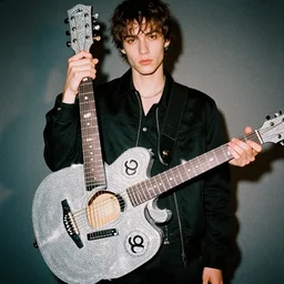 a high definition film fashion photography of a male model wearing a black jacket and holding a guitar made of diamonds with 8 0's cinematic colors, trending on instagram, photography, sigma 8 5 mm f / 1. 4