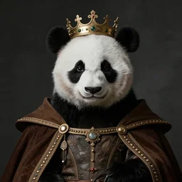 a renaissance style portrait of a wild panda wearing a crown and a cape, dark background