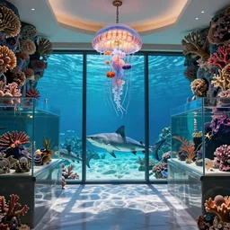 real photo of the modern fashionable room as aquarium with a chandelier as a big jellyfish, beautiful corals on the walls and dangerous sharks on the big panoramic window, realism, sharp details, cinematic, a lot of gleans, under the ocean, realistic colors, realistic shadows, daylight by beeple and by greg rutkowski