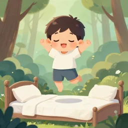 a beautiful illustration of a sleepy little cute boy jumping on his bed in a beautiful forest, digital art, high detailed face