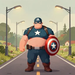 a study of cell shaded cartoon of an obese captain america on a country road, street lamps, road, illustration, wide shot, subtle colors, post grunge, concept art by josan gonzales and wlop, by james jean, Victo ngai, David Rubín, Mike Mignola, Laurie Greasley, highly detailed, sharp focus, Trending on Artstation, HQ, deviantart, art by artgem