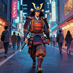neon japanese samurai walking in the streets of modern tokyo, illustration painting, intricate, detailed illustration, hd, digital art, overdetailed art, concept art, complementing colors, detailed, illustration painting by leonardo da vinci, digital art, overdetailed art, concept art, complementing colors rendered by beeple, syd meade,