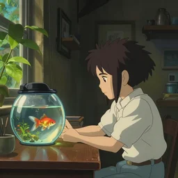 beautiful scene render of a person sitting at a desk, looking at the goldfish in the fish tank, dimly lit bedroom, green plants, perfectly shaded, atmospheric lighting, style of makoto shinkai and peter mohrbacher, studio ghibli. artgerm, karol bak, beeple, animation style, 8 k hd, ultra wide angle, hyper detailed
