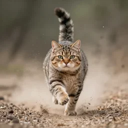 award winning wildlife photography, a fat house cat, midair, running towards the camera, straight shot, high shutter speed, dust and sand in the air, wildlife photography by Paul Nicklen, shot by Joel Sartore, Skye Meaker, national geographic, perfect lighting, blurry background, bokeh