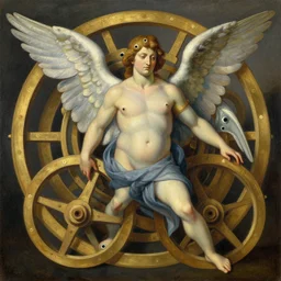 An oil paintng of an angel platypus, surrounded by interlocking gold wheels, with multiple eyes, in heroic pose, by Michelangelo