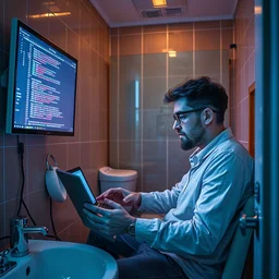 a realistic picture of a software engineer debugging code from his bathroom at 3 in the morning, 4 k