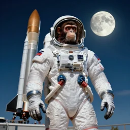 hdr wide angle photography an ape wearing a full spacesuit!, in front of spacex rocket, full moon in the sky. cinematic, coherent portrait, intricate, elegant, highly detailed, digital photo, trending on artstation, hdr photo, smooth, sharp focus, illustration, art by artgerm and greg rutkowski and alphonse mucha