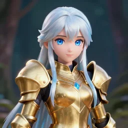 portrait focus of knight beautiful 3D anime girl, golden Frozen ice armor wearing, dark forest background, snowing, bokeh, inspired by Masami Kurumada, digital painting, high contrast, unreal engine render, volumetric lighting, high détail