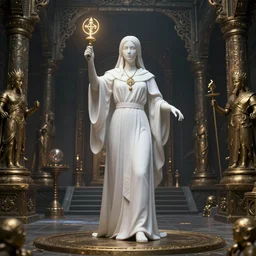 A white priestess is conjuring a spell inside the ancient and mythical temple. Bronze statue, unreal engine