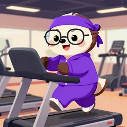 epic professional digital cartoon art of a smiling cartoon anteater with glasses and a purple sweatband, wearing a purple sweatsuit, exercising on a treadmill in a gym, best on artstation, cgsociety, wlop, Behance, pixiv, cosmic, epic, stunning, gorgeous, flat colours, much wow, masterpiece