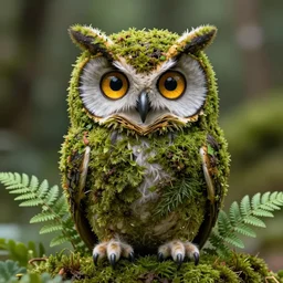 an owl made of moss, symmetrical, highly detailed, digital art, sharp focus, amber eyes, ferns, trending on art station
