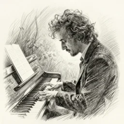 pencil sketch Scriabin playing piano for Chopin