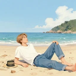 Jimin. he is relaxing at the beach, photo realistic illustration by greg rutkowski, thomas kindkade, alphonse mucha, loish, norman rockwell.