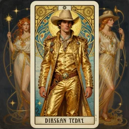 a dramatic ethereal epic symmetrical painting of a handsome cowboy in a shimmering golden outfit | tarot card, art deco, art nouveau,  (steampunk), homoerotic, realistic | by Dresden Codak, by Mark Maggiori and ((((Alphonse Mucha))) | trending on artstation