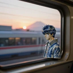 fuji gfx, closeup, sunrise, shinkansen window view of beautiful hyperrealistic film still from matrix ronin promenade scene directed by tati in style of 1 9 9 0 s frontiers in miniature porcelain kintsugu design magazine seinen manga edition, real - life seinen manga porcelain sci - fi font izakaya sign, highly detailed
