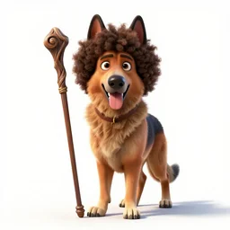afro-haired shepherd with staff, stylized pixar-style 3d render, full body, standing, isolated on a pure white background, centered, whole figure in frame, sharp focus, studio lighting