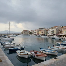 scenic view of a Mediterranean small harbor, overcast dawn, matte painting
