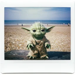 polaroid photo of yoda at the beach in england. photo by martin parr. satirical and anthropological look at aspects of modern life.