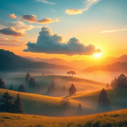cat - shaped cloud, peaceful meadows, trees, mountains in the background, retrowave artwork, sunset, beautiful, volumetric lighting, high quality