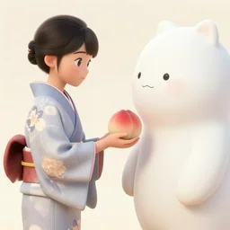 portrait of a girl wearing a kimono giving a peach to a large anthropomorphic asian black bear, in the style of barnet will