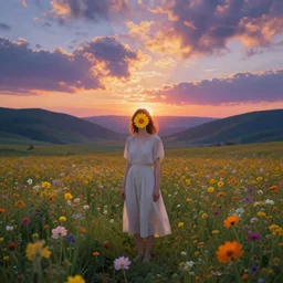 girl with a flower face, surreal photography, dream, standing in flower field, in a valley, sunrise dramatic light, impressionist painting, colorful clouds, artstation, simon stalenhag