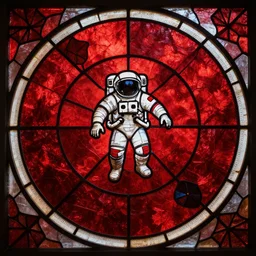 red and black stained glass with an astronaut in the middle of a ritual circle