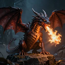 A angry dragon, breathing fire, sitting on a rock, at night. Fantasy Demo in Unreal Engine 6.