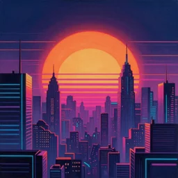 A synth-wave 80's style painting of the sun rising above a futuristic city skyline in neon colors, trending on Artstation, hyperrealism artstation, extremely detailed