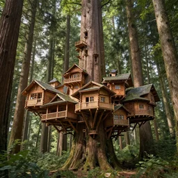 a suspended wooden village in a forest of giant large tall trees, ultra detailed, by tomasz alen kopera and peter mohrbacher, and michel - ange, artstation 8 k