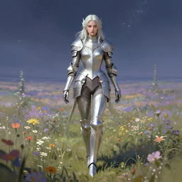 an illustration of the hermit queen, walking through distant flower planes, pale hair, one eye, intricate details, detailed face, detailed armour, artstation, epic pose, view from distance, volumetric light, starry sky, by rembrandt and claude monet