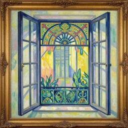 a painting beautiful window open front view, fauvism, ornate, oil on canvas, art deco, digital illustration, colorful architectural drawing, watercolor painting, behance contest winner, vintage frame window, native art, trend in behance hd, 2 d illustration, detailed painting