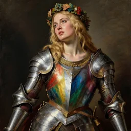 sweating, seductive saoirse ronan, blonde hair, wearing medieval of all the colours of the rainbow armour, posing seductive, looking seductively, ornate wreath, oil painting by titian, hard focus