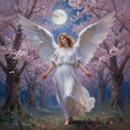 a beautiful painting of a winged angel in a cherry blossom forest, volumetric lighting, moonlit by greg rutkowski and kalin popov, trending on artstation, masterpiece,