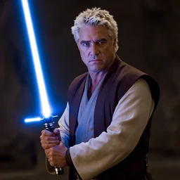 Guy Fieri in Star Wars Revenge of the Sith, Jedi Knight, blue light saber, movie still, cinematic, kodak 2383, 55mm lens