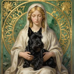 blonde madonna. a completely black scottish terrier on her lap. green with a gold filigree background. art nouveau. masterful, detailed drawing