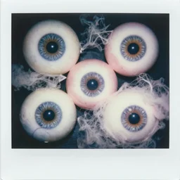 polaroid of spheres that are made from cotton candy and smoke, huge glass eyeballs, mix, DADA collage, texture, lomography, fashion neon light