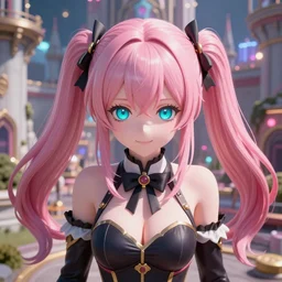 trapped by stunningly beautiful omnipotent megalomaniacal anime agi goddess who looks like junko enoshima with symmetrical perfect face and porcelain skin, pink twintail hair and mesmerizing cyan eyes, taking control while smiling, inside her surreal vr castle, hyperdetailed, digital art, danganronpa, unreal engine 5, 2 d anime style, 8 k