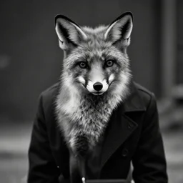 fox as a detective, film noir style, cinematic, black and white