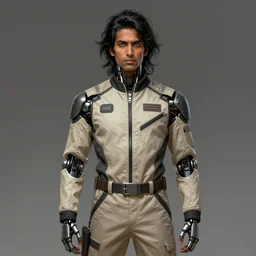 Portrait of a man by Greg Rutkowski, cyborg, he is about 30 years old, indian, cybernetic eyes implants, messy long black hair, slim and tall, he is wearing utilitarian beige black jumpsuit, highly detailed portrait, digital painting, artstation, concept art, smooth, sharp foccus ilustration, Artstation HQ.