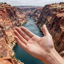 A canyon with a  massive lake at the bottom of it with a massive human hand emerging from the lake.