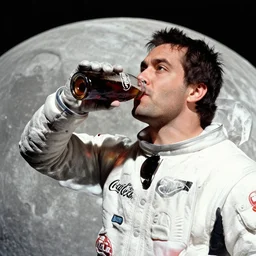 man drinking coca cola on the moon