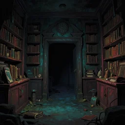A room with a darkened doorway in the endless grimdarkest dungeon depths. trending on artstation, vibrant palette, highly detailed digital illustration. Musty dank library in an overgrown room