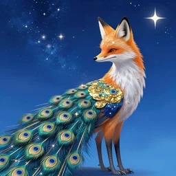 realistic anime of an ethereal colorful blue starry night hybrid of a peacock and fox, accented in bright metallic gold, wearing star filled magic imbued mage robes, art by yuji ikehata and satoshi kon, background art by miyazaki, realism, proper human proportions, fully clothed, vhs