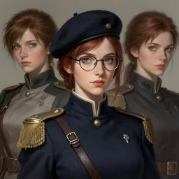 woman, fireemblem, uniform, beret, glasses, art by artgerm and greg rutkowski and magali villeneuve, portrait, extremelydetailed, costumedesign