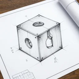 impossible object, engineering drawing on blueprint paper