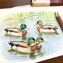 Colored pencil art on paper, Ducks swimming in pond, highly detailed, artstation, MasterPiece, Award-Winning, Caran d'Ache Luminance
