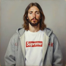 an oil painting showing jesus wearing a supreme t - shirt underneath a gucci hoddie, 4 k, highly detailed