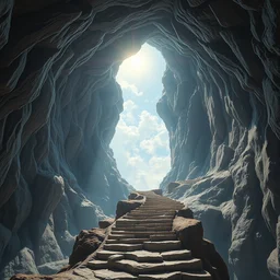 hollow earth incredible ethereality insane hyperrealism photo - realistic lifelike photography detail incredible beautiful hollow earth scenery and landscapes, huge opening in the sky with stairs leading to it, by gustave dore and james gurney artstation 8 k