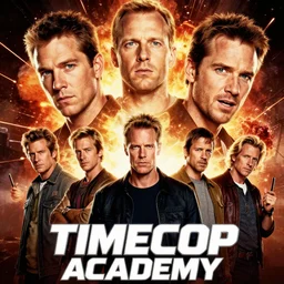 movie poster for timecop academy, starring ( jcvd ), rutger hauer!, lance henriksen!, jeff fahey!!, airbrushed artwork, big heads, explosions, supporting characters, dramatic expressions