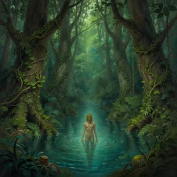 concept art of a person in a body of water surrounded by trees, lush vines, a detailed matte painting by eyvind earle, featured on deviantart, fantasy art, matte painting, enchanting